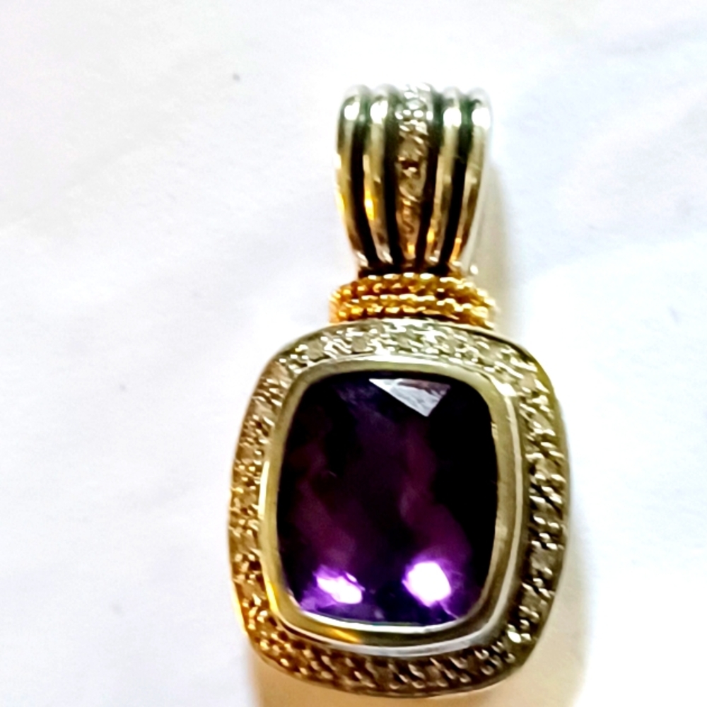 SADYE L VASSIL 925 Sterling Silver 14K Gold Amethyst and Diamond Pendant